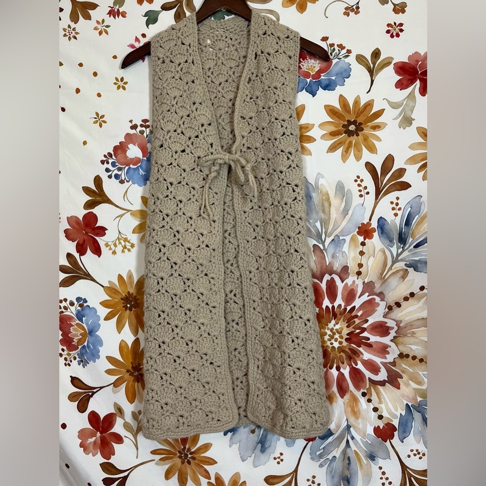 Handmade XXS/XS Tan Crochet Sleeveless Duster Cardigan Work Fall Cardigan Boho